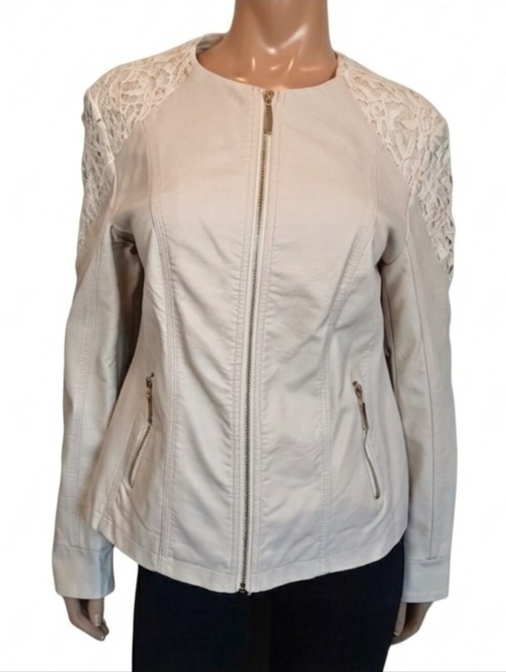 NEW Cleo Faux Leather Jacket Cream Gold Lace Accent Womens Size Medium Coat